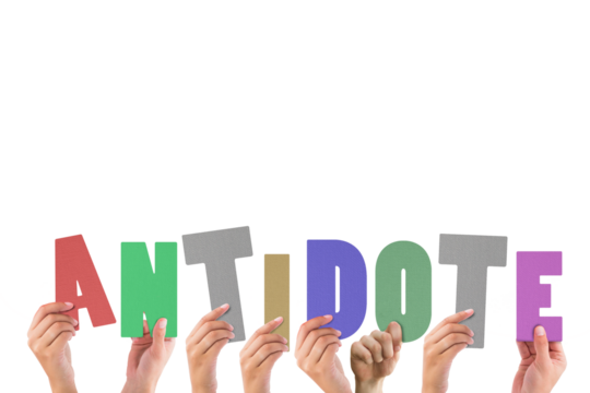 Digital png illustration of hands holding antidote text on transparent background