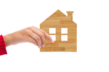 Digital png illustration of hand holding wood house on transparent background