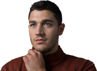 Digital png photo of focused biracial man with hand under chin looking up on transparent background