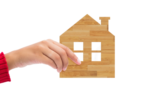 Digital png illustration of hand holding wood house on transparent background