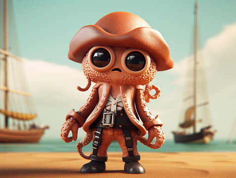 A Cute 3D Squid Dressed Up as a Pirate