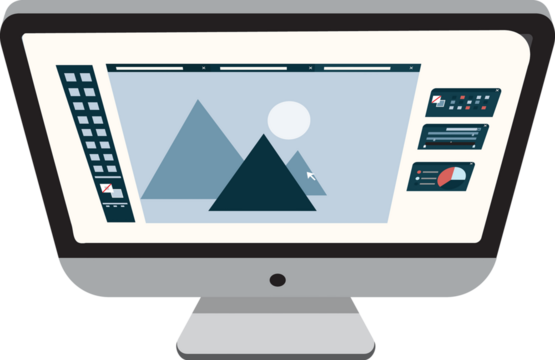 Digital png illustration of computer with graphic software on transparent background