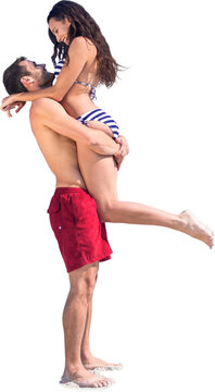 Digital png photo of happy caucasian couple in swimsuits embracing on transparent background