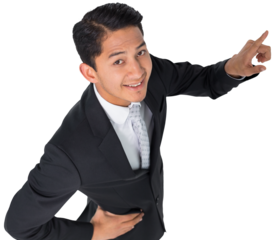 Digital png photo of happy biracial businessman pointing on transparent background