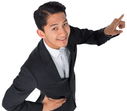 Digital png photo of happy biracial businessman pointing on transparent background