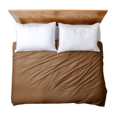 A Cozy Retreat: Brown and White Bed with Plush Pillows . Transparent background cutout. PNG file