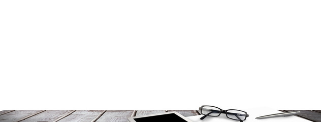 Digital png illustration of tablet, eyeglasses and pen on transparent background