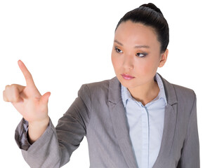 Digital png photo of asian businesswoman pointing on transparent background