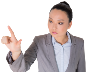 Digital png photo of asian businesswoman pointing on transparent background