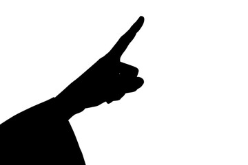 Digital png illustration of silhouette of pointing hand on transparent background