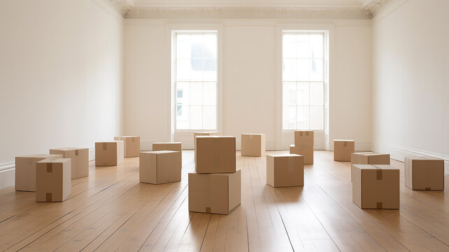 cardboard boxes in a large empty bright room, relocating.