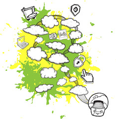 Digital png illustration of clouds with symbols on transparent background