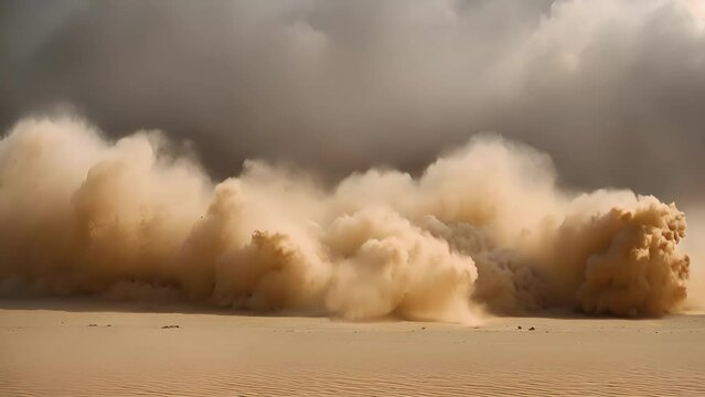 Closeup massive dust storm, known rolling over desert landscape. wall dust sand seen moving quickly engulfing everything path.