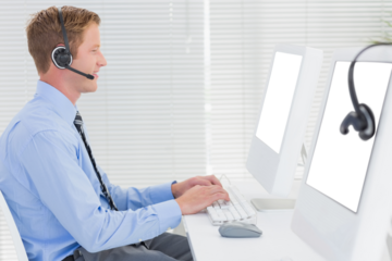 Digital png photo of caucasian businessman using computer at desk on transparent background