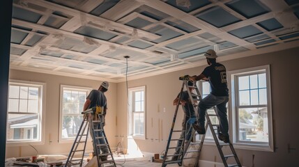 Group of worker installing ceiling in new house.  - obrazy, fototapety, plakaty