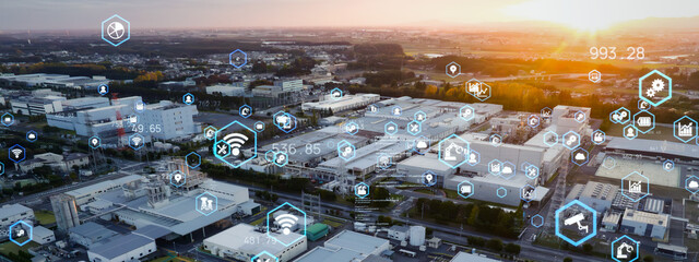 Modern industrial area aerial view and digital technology concept. Communication network. INDUSTRY 4.0. Factory automation. - obrazy, fototapety, plakaty