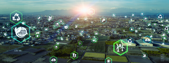 Modern agricultural city aerial view and digital technology concept. Smart agriculture. Agri tech. - obrazy, fototapety, plakaty