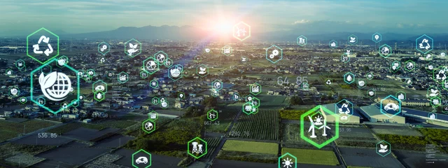 Foto auf Acrylglas Grau 2 Modern agricultural city aerial view and digital technology concept. Smart agriculture. Agri tech.