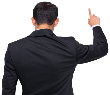 Digital png photo of back of biracial businessman pointing on transparent background