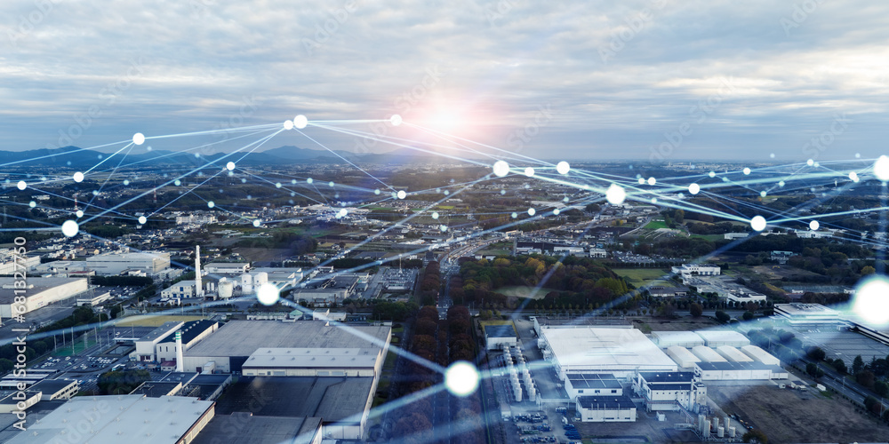 Poster Modern industrial area aerial view and wireless communication network concept. Communication network. INDUSTRY 4.0. Factory automation.