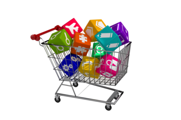 Digital png illustration of shopping trolley with cubes with symbols on transparent background