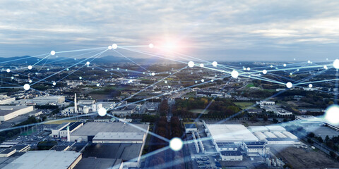 Modern industrial area aerial view and wireless communication network concept. Communication...
