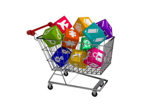 Digital png illustration of shopping trolley with cubes with symbols on transparent background