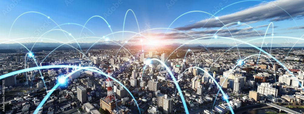 Poster modern cityscape and communication network concept. telecommunication. iot (internet of things). 5g.