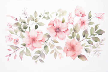 Fototapeta na wymiar Beautiful watercolor painting of pink flowers and leaves on a white background, Generative AI