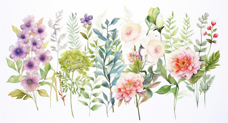 Beautiful watercolor painting of a set of watercolor flowers and leaves, Generative AI