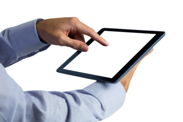 Digital png photo of male hands using tablet with copy space on transparent background