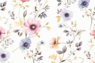 Seamless floral pattern with flowers and leaves on a white background, Generative AI