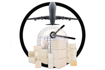 Digital png illustration of plane, clock and boxes on transparent background