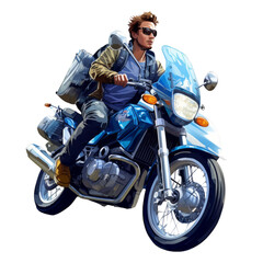 Fototapeta na wymiar The Thrill of the Ride: A Man and His Blue Motorcycle Adventure . Transparent background cutout. PNG file
