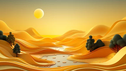 Fotobehang yellow landscape paper sculpture minimalism summer view wave fields. © kichigin19