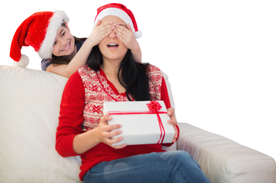 Digital png photo of diverse mother and daughter and holding gift on transparent background