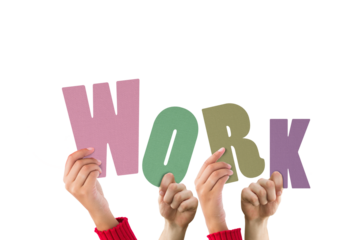 Digital png illustration of hands holding work text on transparent background