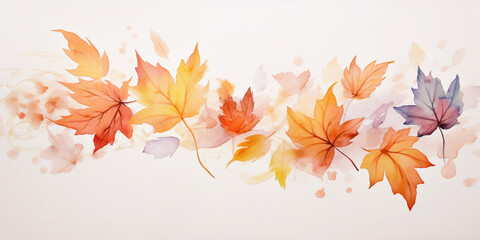 Naklejka na ściany i meble Watercolor painting of autumn leaves on a white background, Generative AI