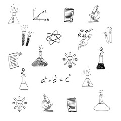 Digital png illustration of science and chemistry symbols on transparent background