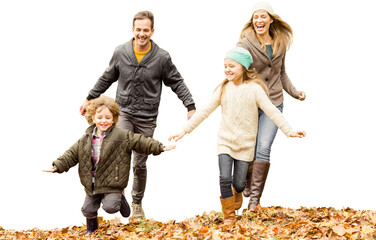 Digital png photo of happy caucasian family running on autumn leaves on transparent background
