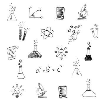 Digital png illustration of science and chemistry symbols on transparent background
