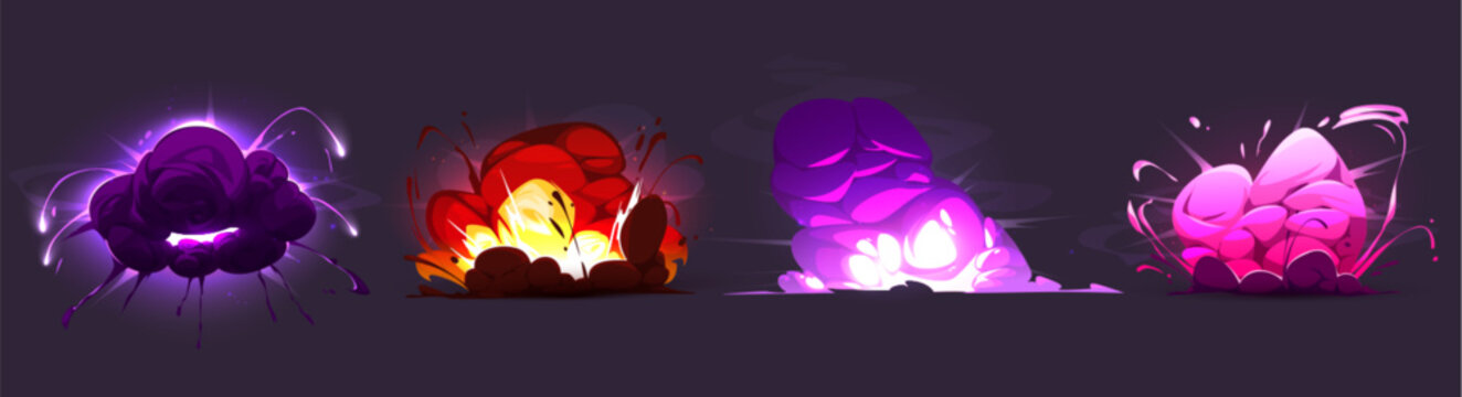 Magic explosion for game ui - cartoon vector illustration set of comic colorful explosive effect with fire, smoke and sparkles. Energy of bomb or dynamite blast clouds with flame, light beams and haze