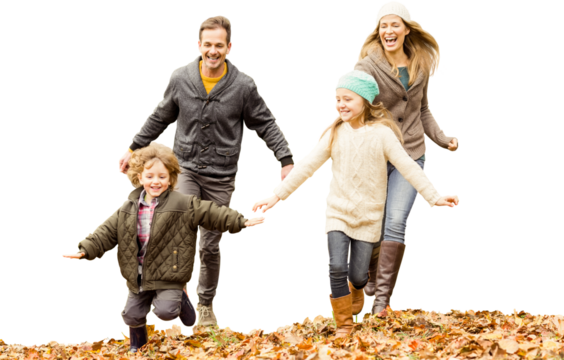 Digital png photo of happy caucasian family running on autumn leaves on transparent background