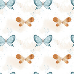 Seamless pattern with watercolor abstract butterfly. Pastel beige and blue insects on watercolor spots