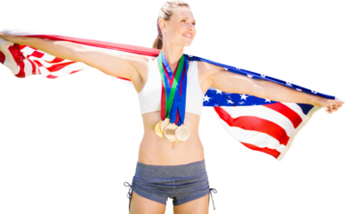 Digital png photo of caucasian sportswoman with flag of united states on transparent background