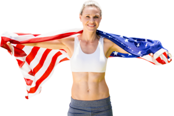 Digital png photo of caucasian sportswoman with flag of united states on transparent background