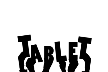 Digital png illustration of hands with tablet text on transparent background