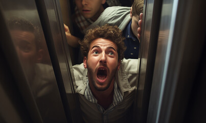 Scared men stuck in an elevator full of people, feeling claustrophobic - obrazy, fototapety, plakaty