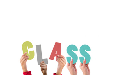 Digital png illustration of hands with class text on transparent background