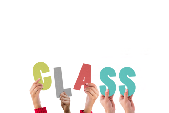 Digital png illustration of hands with class text on transparent background - Powered by Adobe